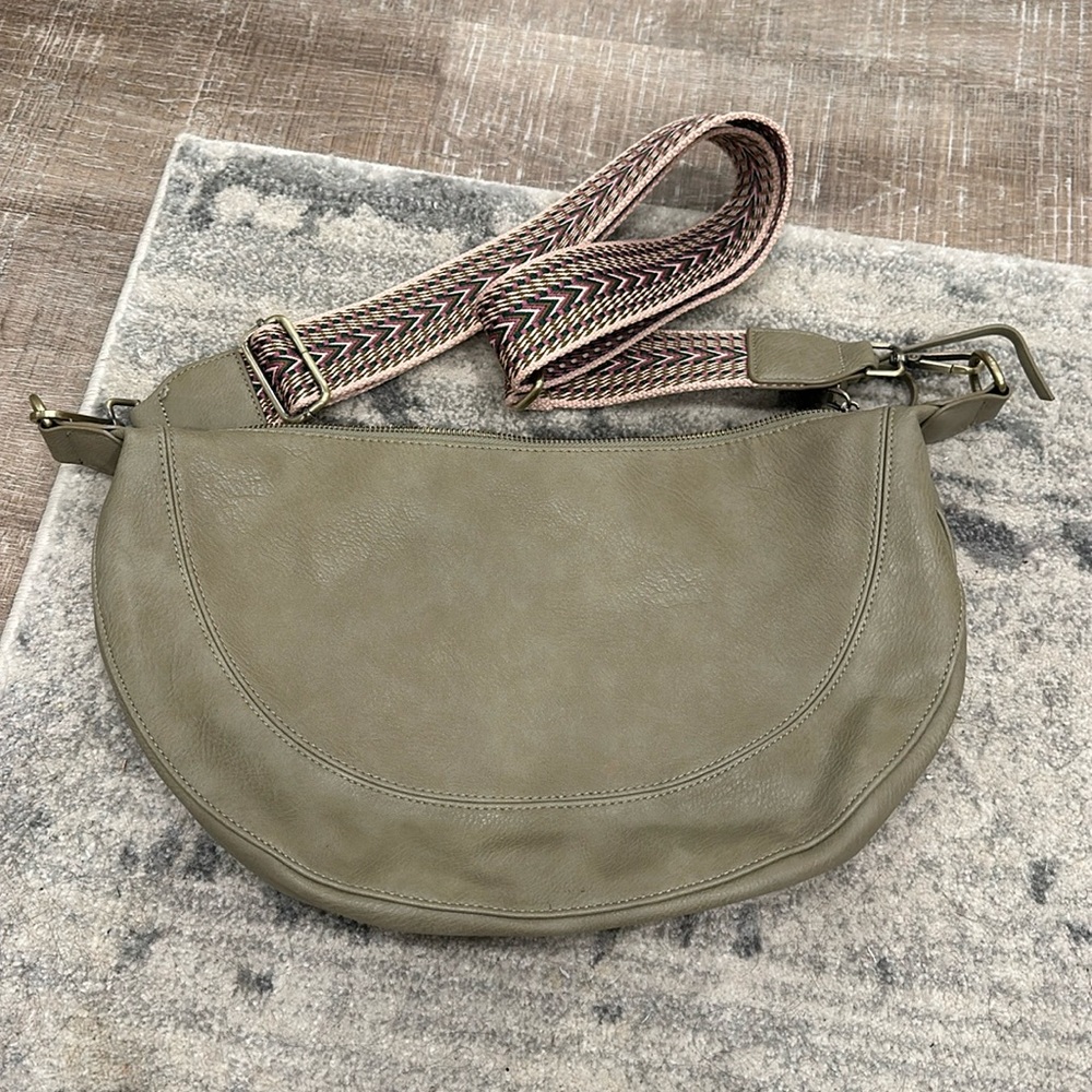 Anthropologie Olive Green Leather Crossbody with Patterned Strap